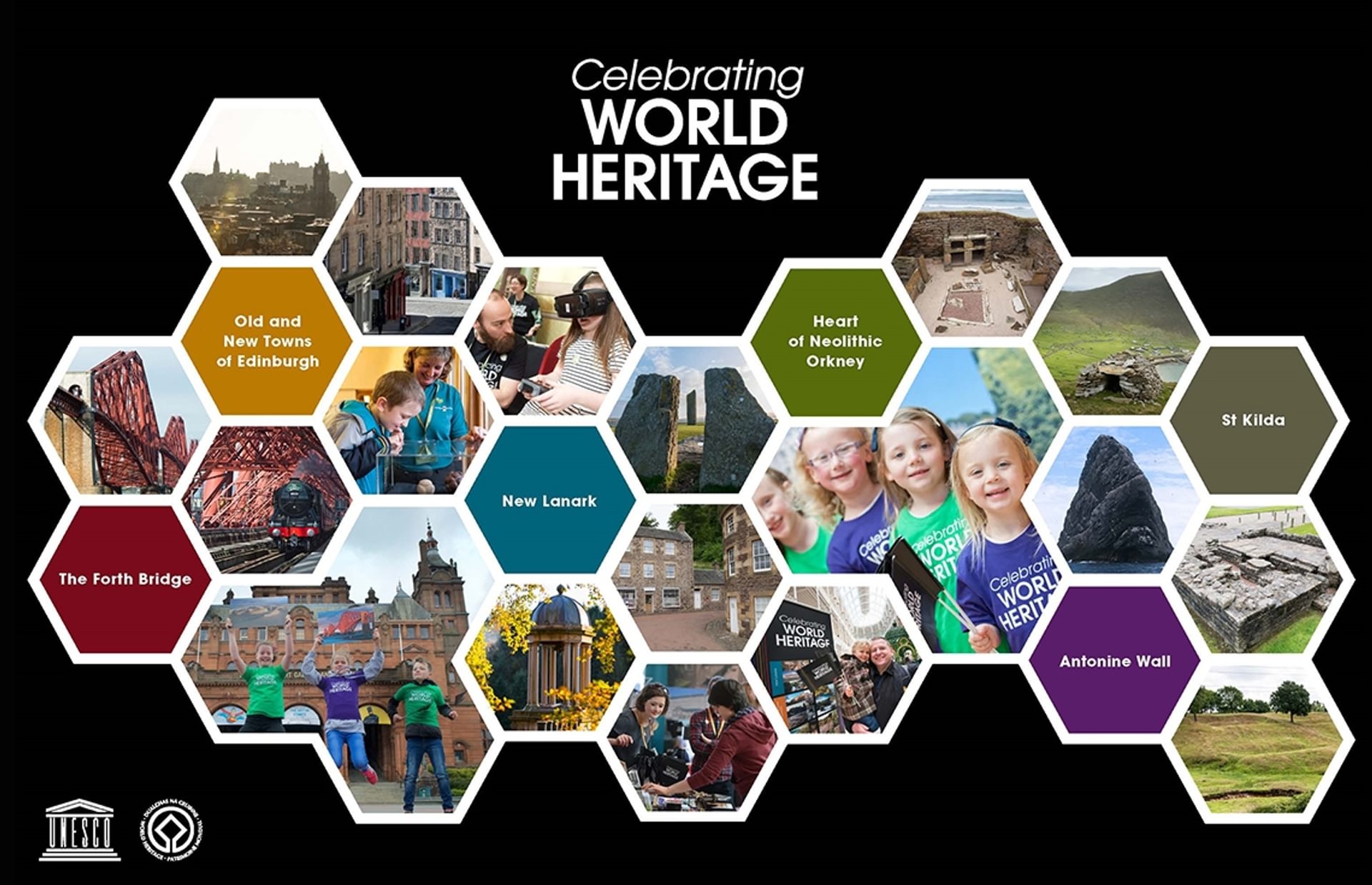 © Historic Environment Scotland
Celebrating World Heritage display image. A series of hexagonal shaped photos and bright colours on a black background. © Historic Environment Scotland
Celebrating World Heritage display image. A series of hexagonal shaped photos and bright colours on a black background.