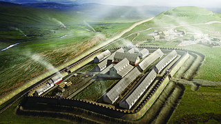 © Crown Copyright Historic Scotland
Reconstruction drawing of Bar Hill Fort
The square fort with a wall and two ditches from above. Long rectangular buildings with sloped roofs and smoky chimneys. © Crown Copyright Historic Scotland
Reconstruction drawing of Bar Hill Fort
The square fort with a wall and two ditches from above. Long rectangular buildings with sloped roofs and smoky chimneys.
