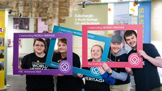 © Historic Environment Scotland
World Heritage Day event 2019. five people stand holding three brightly coloured Celebrating World Heritage selfie frames. © Historic Environment Scotland
World Heritage Day event 2019. five people stand holding three brightly coloured Celebrating World Heritage selfie frames.
