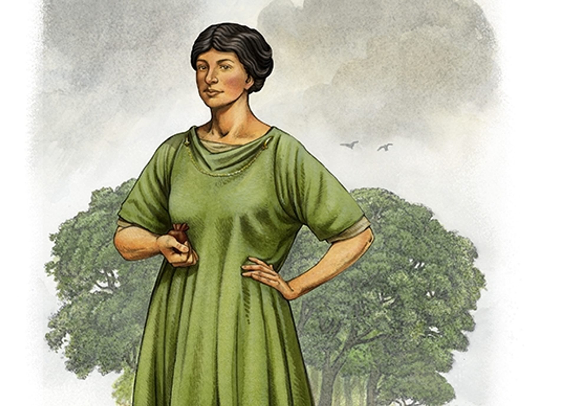 © Historic Environment Scotland
Illustration of Vibia Pacata, wife of a centurion. A dark-haired woman wearing a green dress, holds a small leather purse. © Historic Environment Scotland
Illustration of Vibia Pacata, wife of a centurion. A dark-haired woman wearing a green dress, holds a small leather purse.