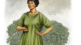 © Historic Environment Scotland
Illustration of Vibia Pacata, wife of a centurion. A dark-haired woman wearing a green dress, holds a small leather purse. © Historic Environment Scotland
Illustration of Vibia Pacata, wife of a centurion. A dark-haired woman wearing a green dress, holds a small leather purse.