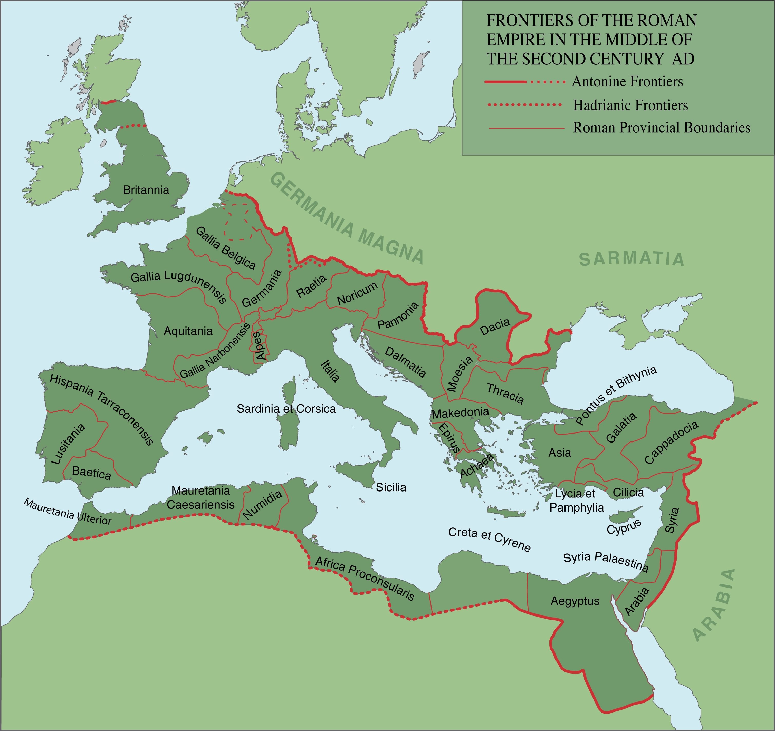 Map of the Frontiers of the Roman Empire, middle of the 2nd century AD. Latin country names in black, frontiers in red.