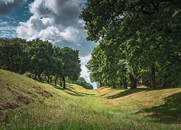 © Rediscovering the Antonine Wall Project
Seabegs Wood, a wide, grass path with trees on either side of it. The land slopes upwards at the edge right up to the trees. © Rediscovering the Antonine Wall Project
Seabegs Wood, a wide, grass path with trees on either side of it. The land slopes upwards at the edge right up to the trees.